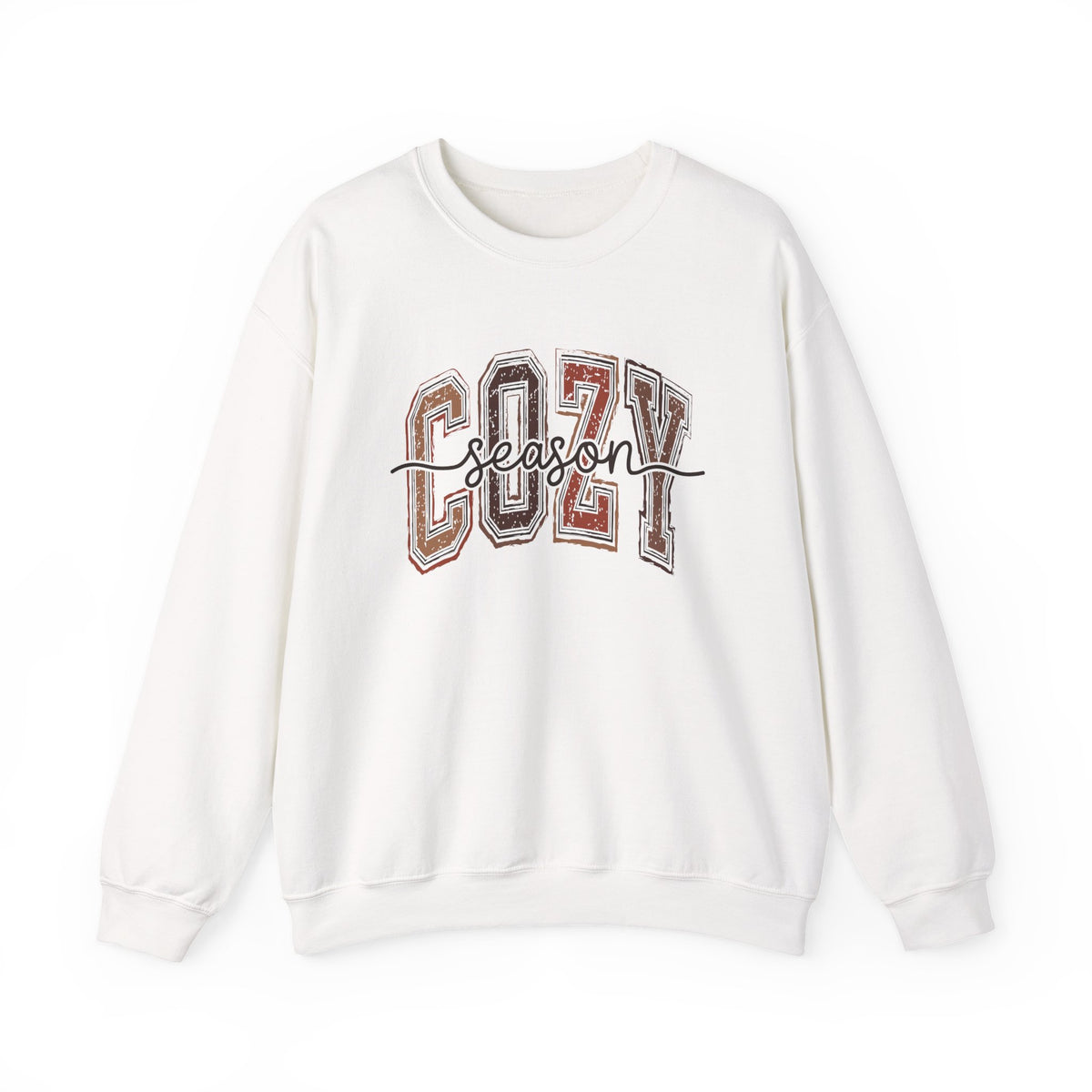 White crewneck sweatshirt with Cozy Season graphic front