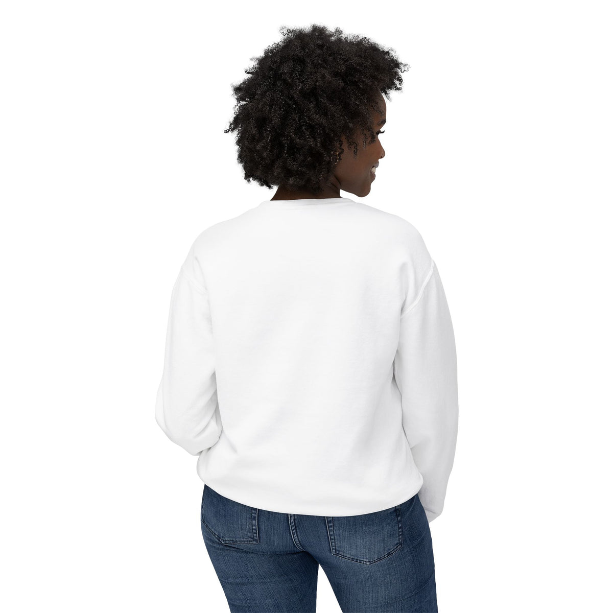 White crewneck sweatshirt, plain back view on model