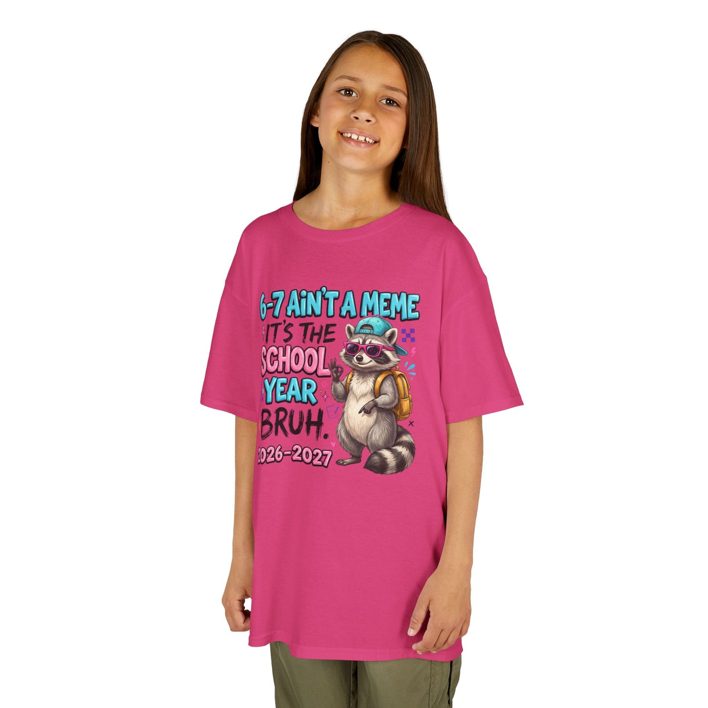Hot pink kids graphic T-shirt with raccoon backpack meme print, worn by child