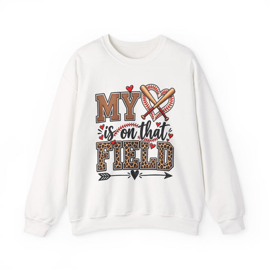 White crewneck sweatshirt with baseball heart and crossed bats front graphic