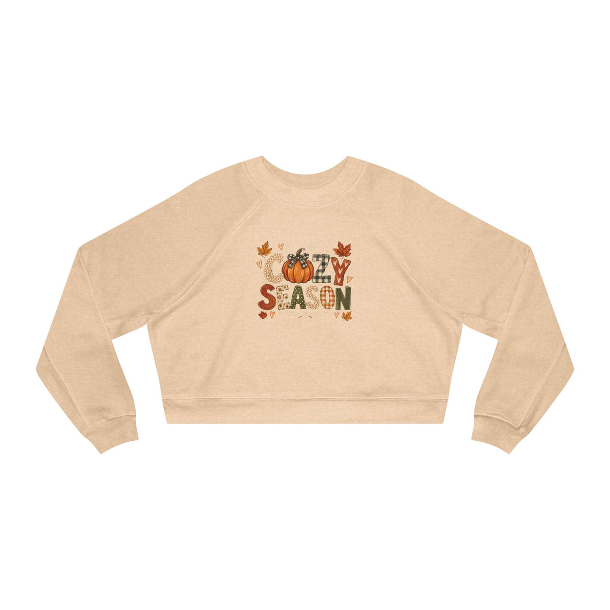 Cropped tan sweatshirt with fall 'Season' pumpkin and leaf graphic