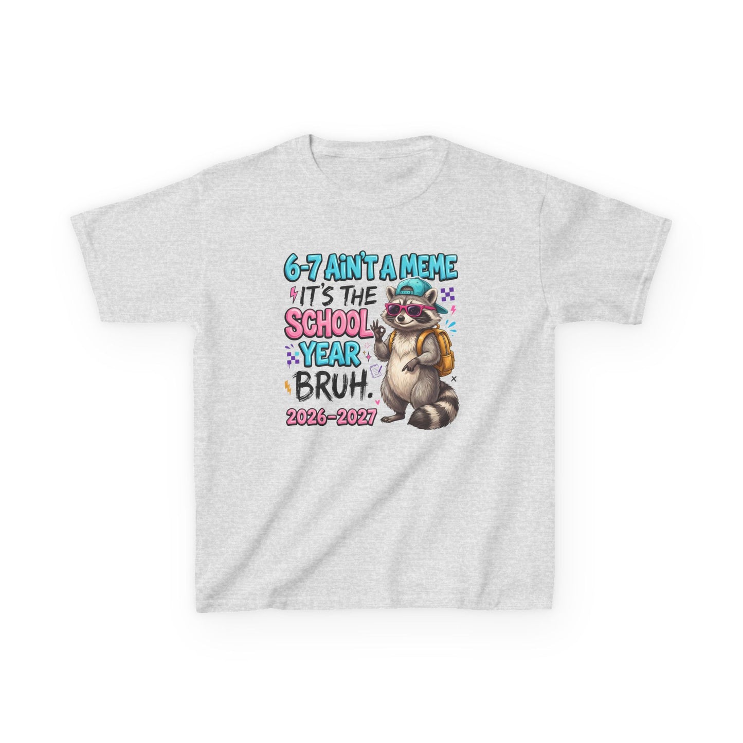 Light gray kids graphic T-shirt with colorful raccoon backpack meme print, short sleeves