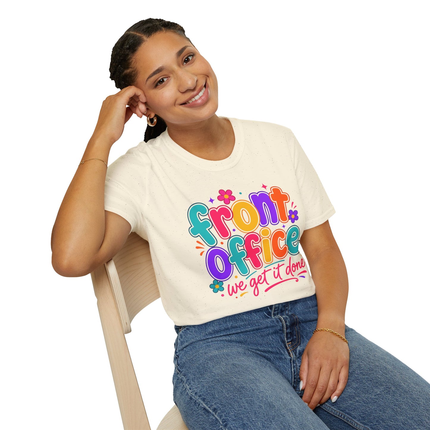White T-shirt on model with colorful “front office” floral text graphic