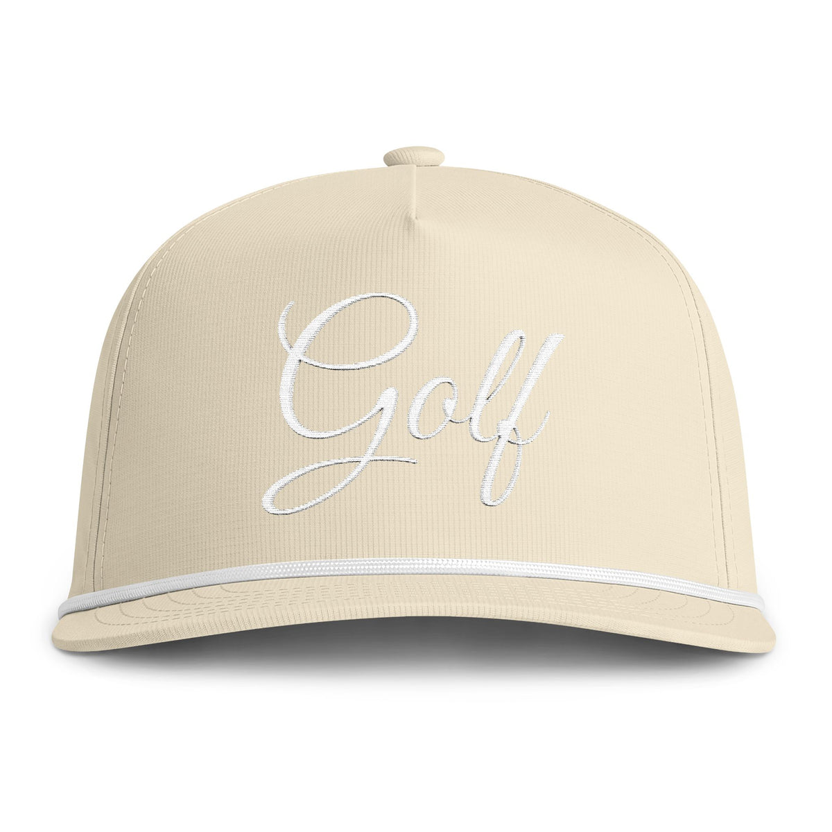 Ivory trucker cap with embroidered 'Golf' script and white contrast trim