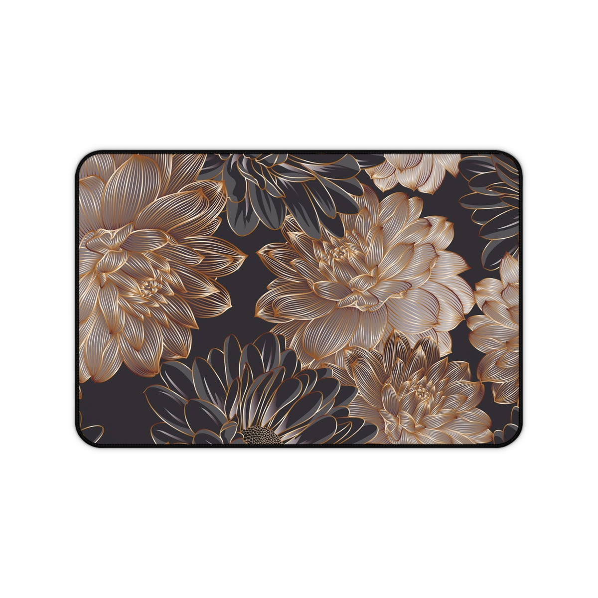 Large rectangular desk mat with gold and beige floral pattern on dark background