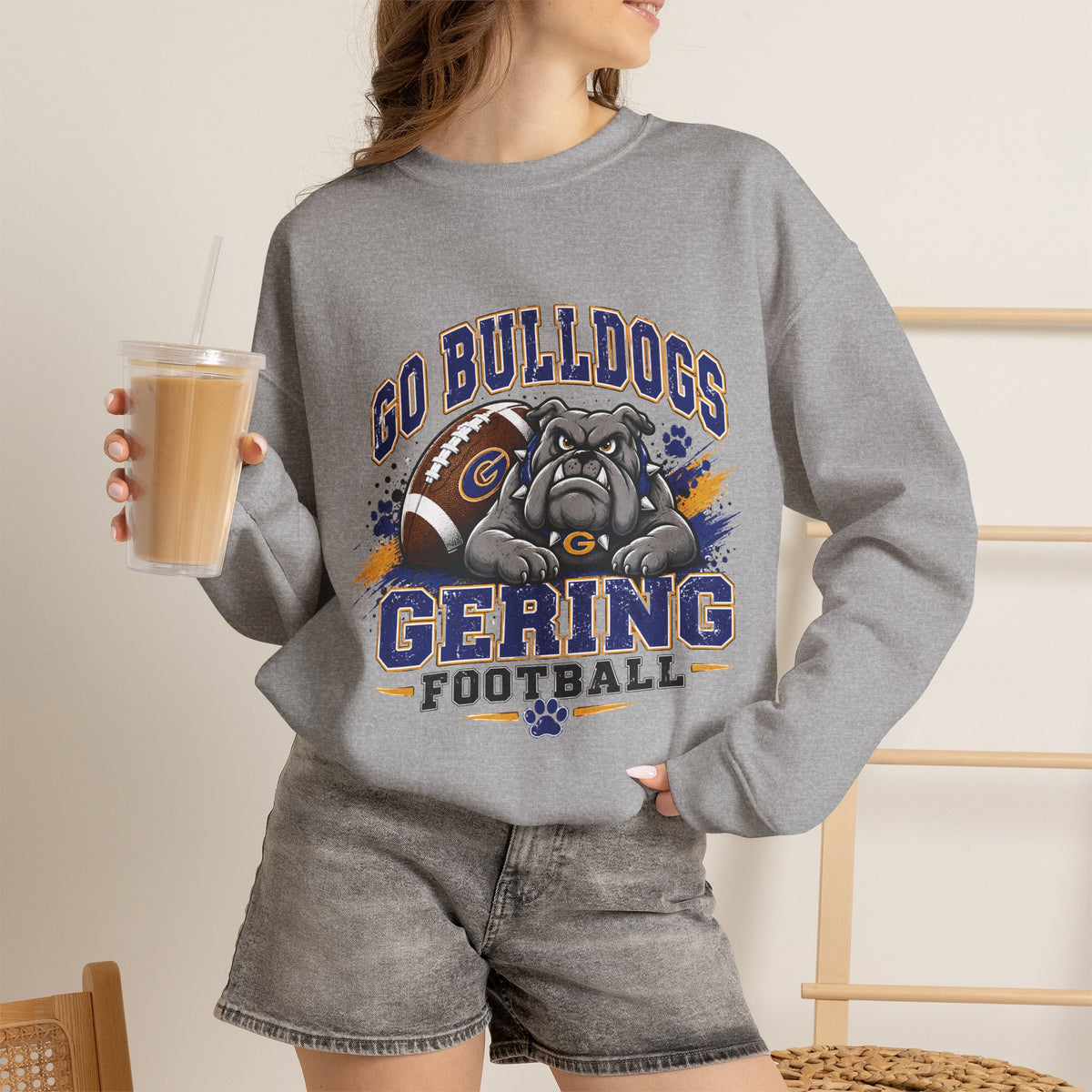 Sport grey crewneck sweatshirt with front Bulldogs Gering football mascot graphic