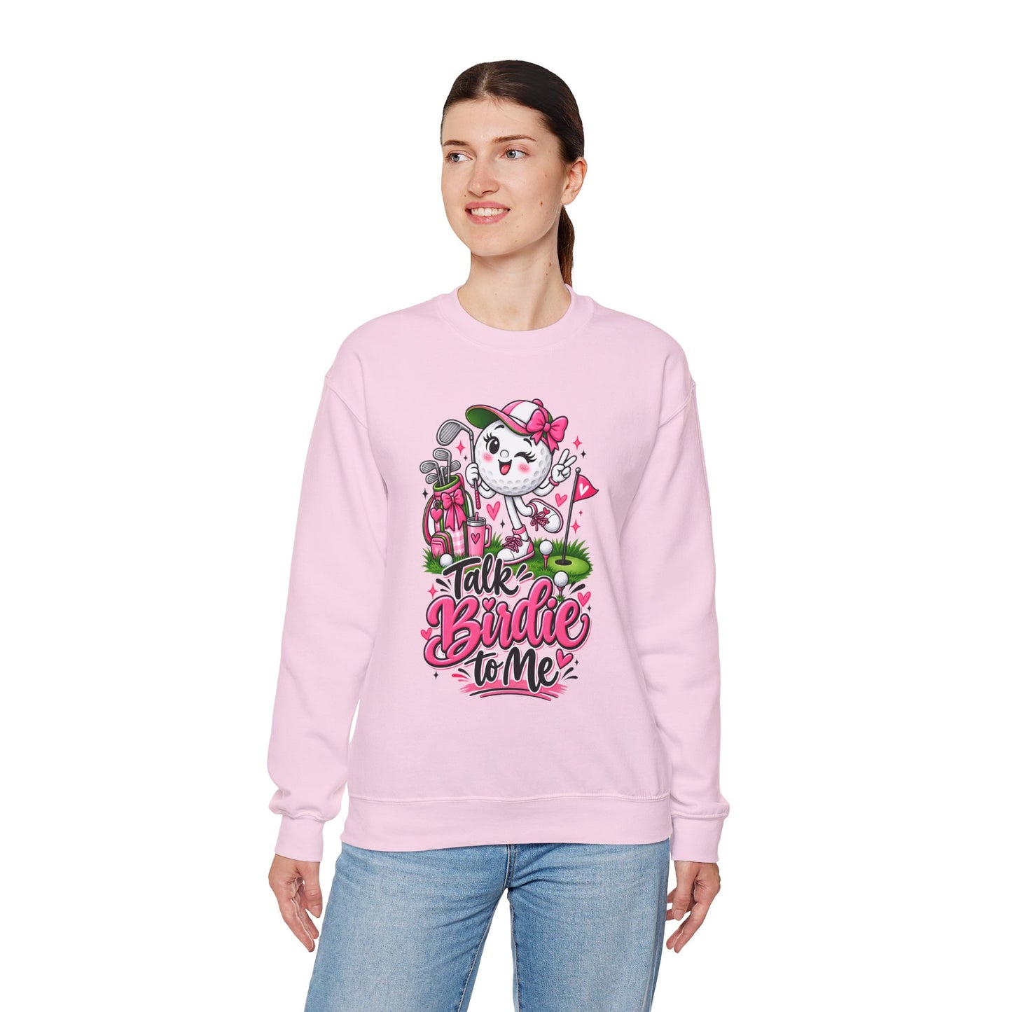 Pink crewneck sweatshirt with centered golf-ball character graphic on front