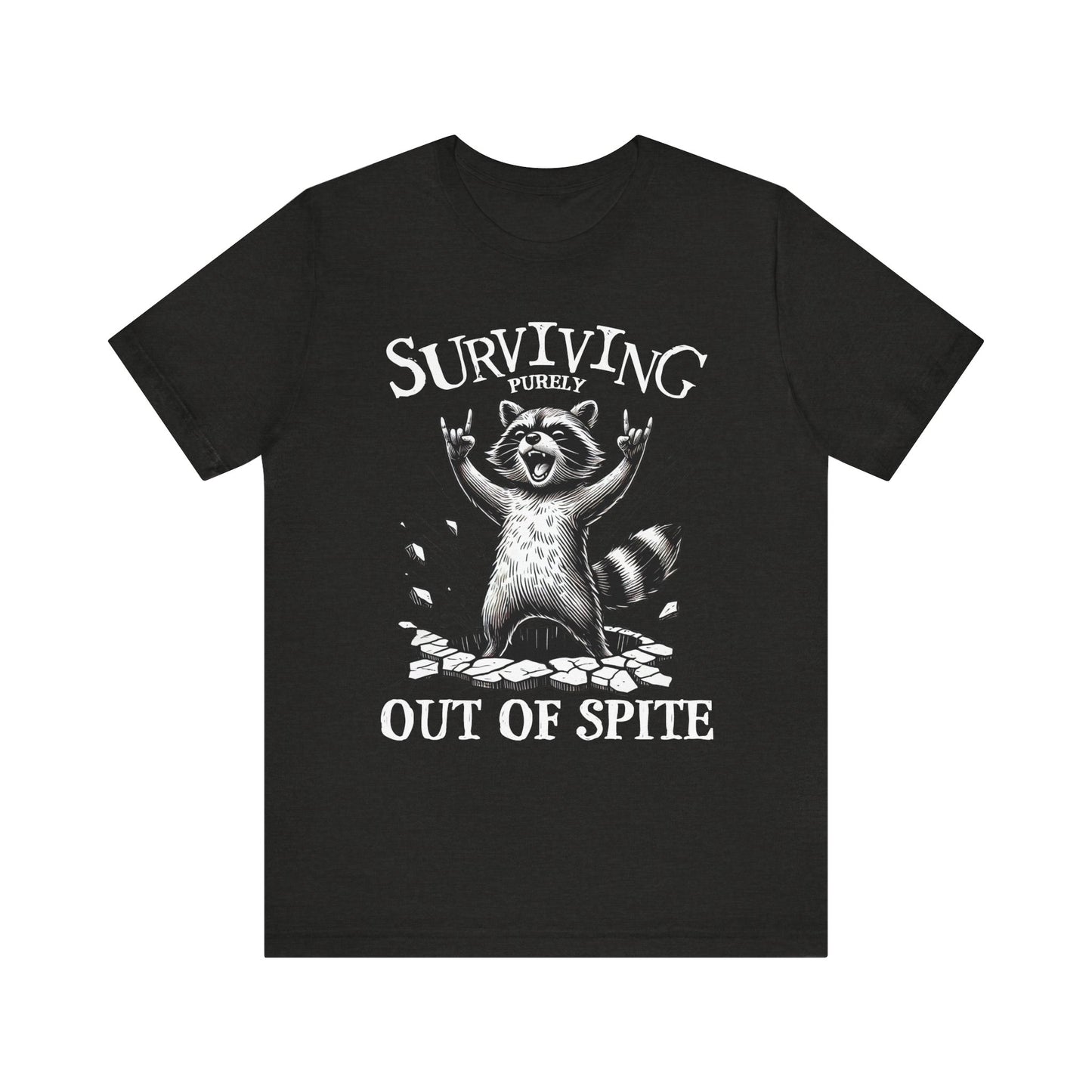 Black crew-neck t-shirt with raccoon graphic and 'Surviving Out of Spite' text