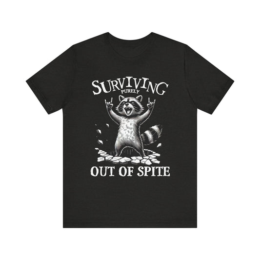 Black crew-neck t-shirt with raccoon graphic and 'Surviving Out of Spite' text