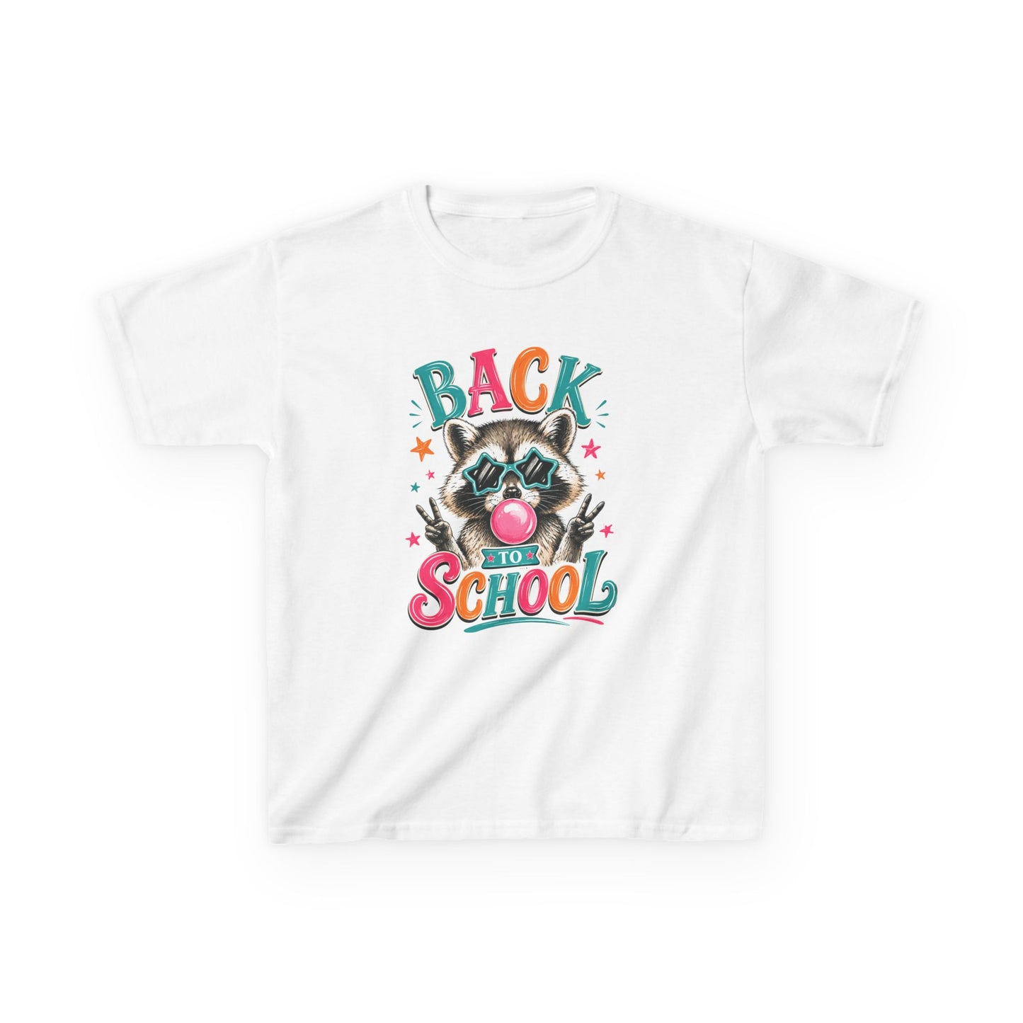 Kids white crewneck T-shirt with colorful “Back to School” raccoon graphic