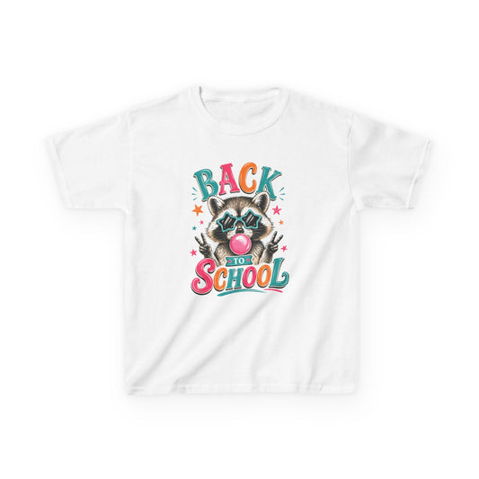 Kids white crewneck T-shirt with colorful “Back to School” raccoon graphic