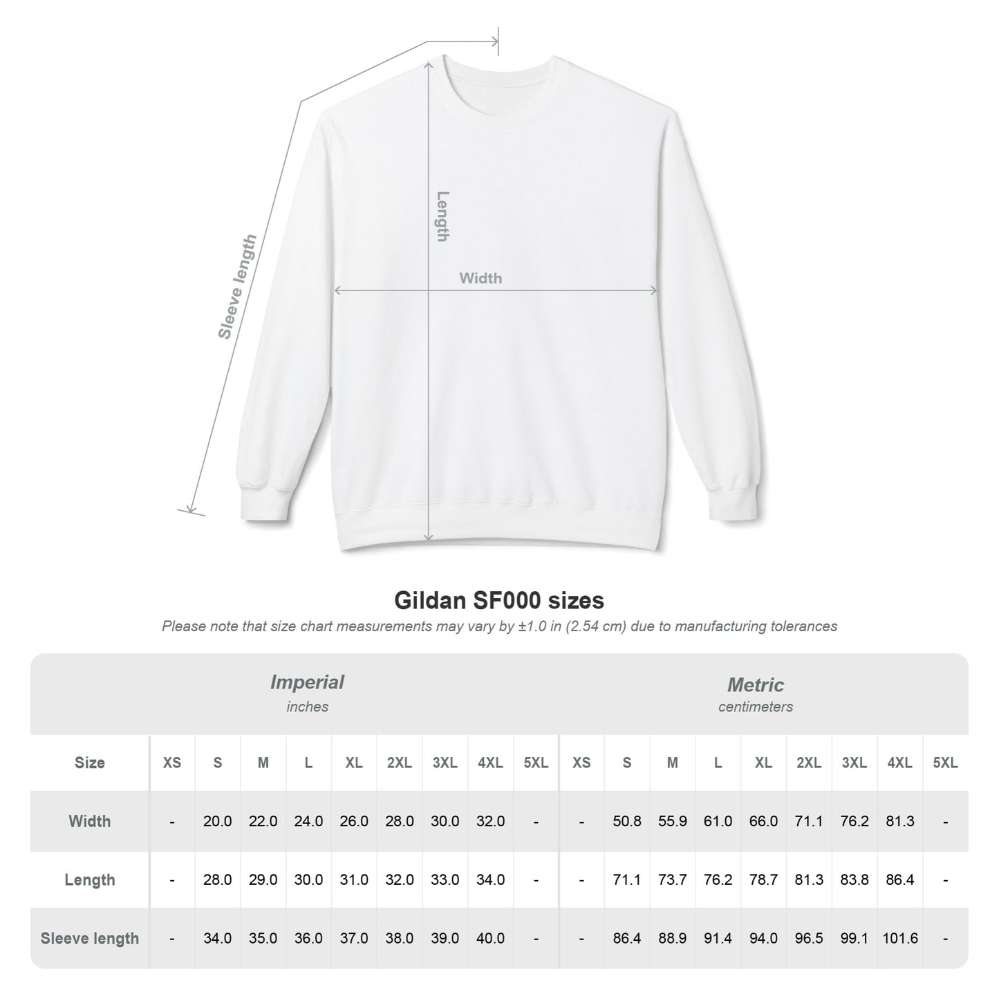 White sweatshirt size chart diagram with measurements and size table