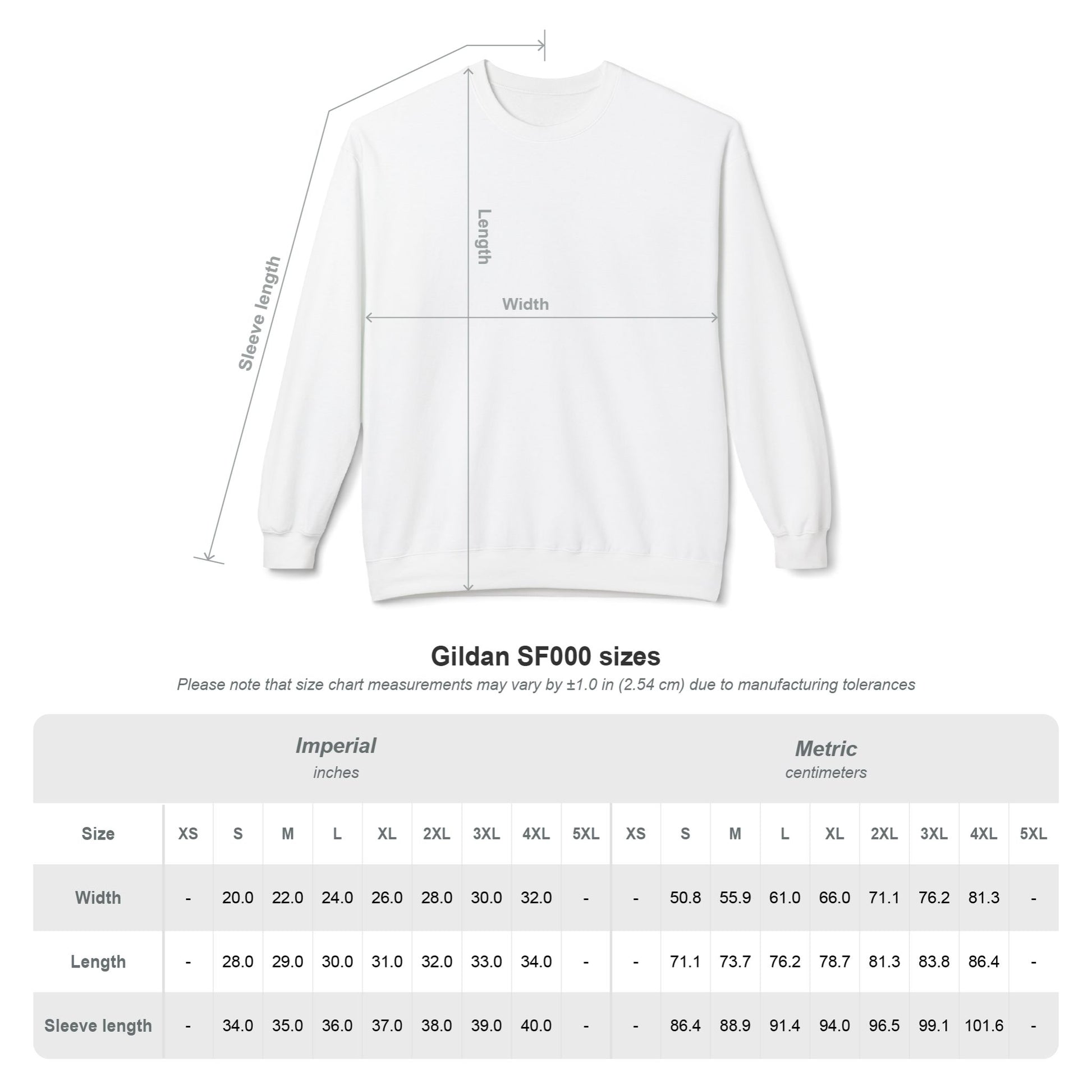 White sweatshirt size chart diagram with measurements and size table
