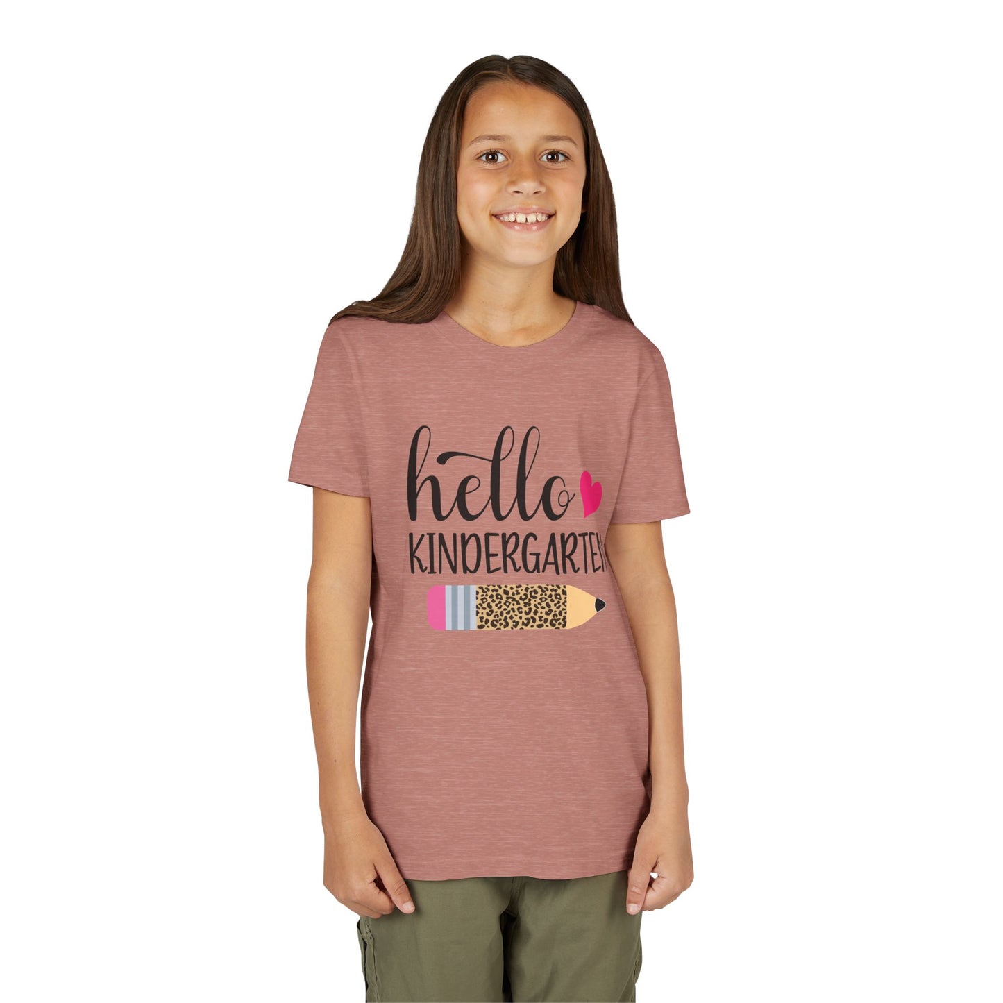 Mauve youth T-shirt on child model with 'Hello Kindergarten' pink heart pencil graphic
