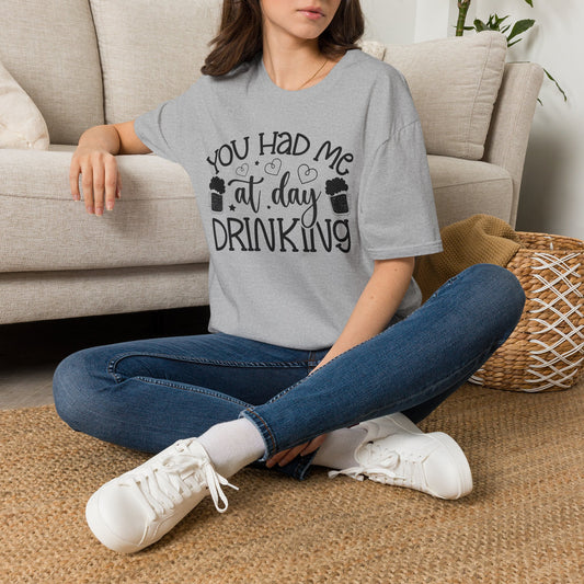 Sport grey T-shirt with “You Had Me at Day Drinking” drink-themed graphic on front