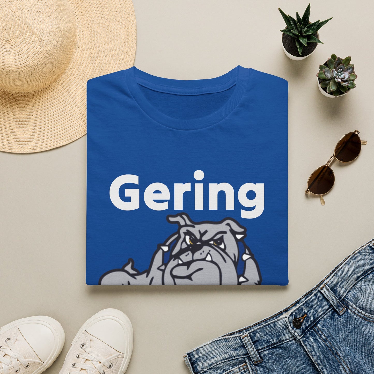 Royal blue Bulldogs mascot graphic T-shirt with Gering text and bulldog logo