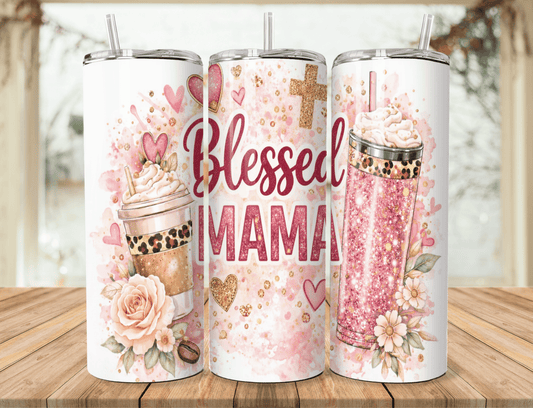 20oz stainless steel tumbler with pink floral Blessed Mama design and clear lid straw