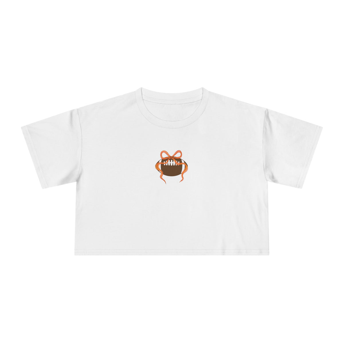 White women’s crop tee with cute football-and-bow graphic on front