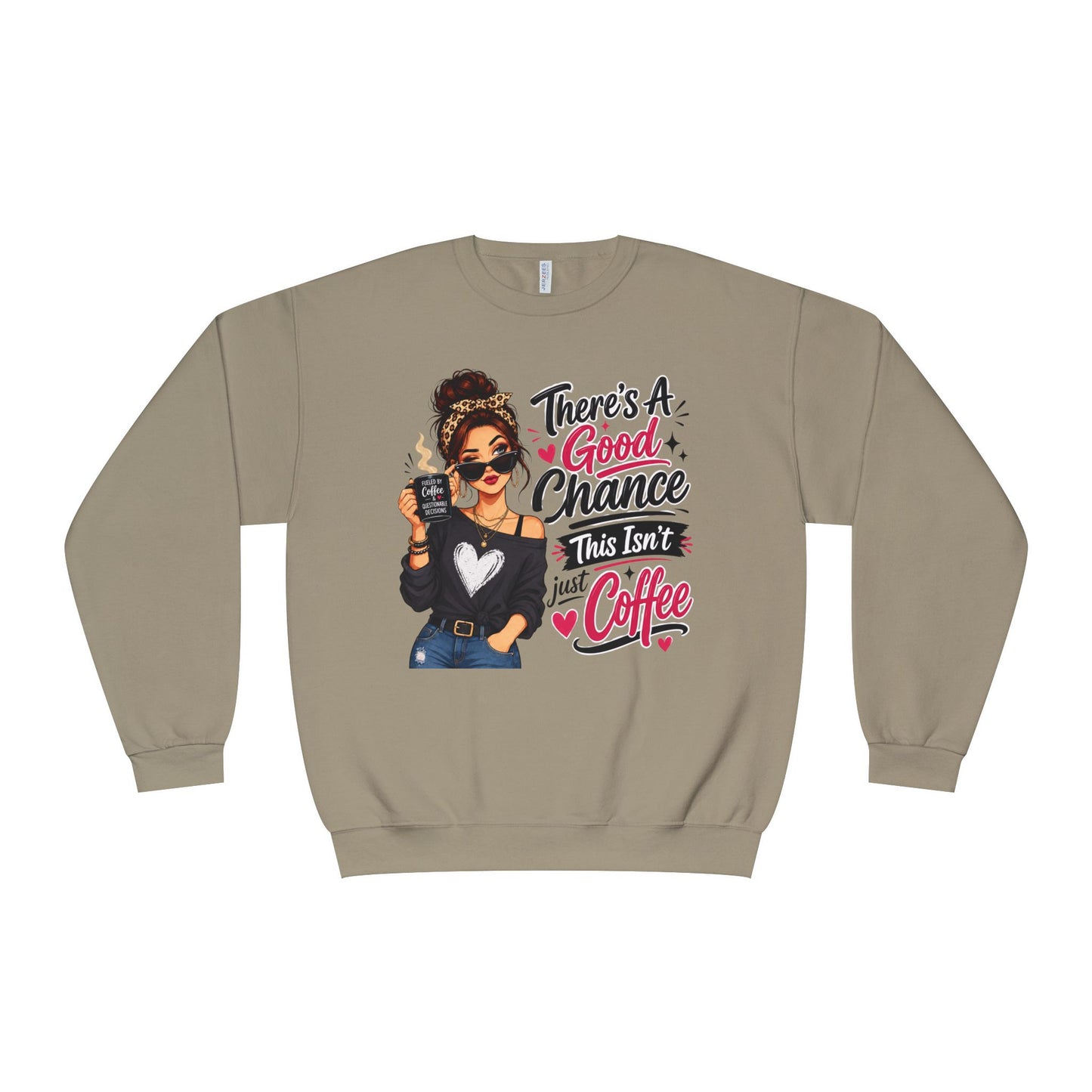 Olive crewneck sweatshirt with woman holding coffee graphic and slogan