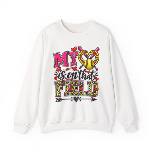White crewneck sweatshirt with colorful “My Heart” softball graphic on front