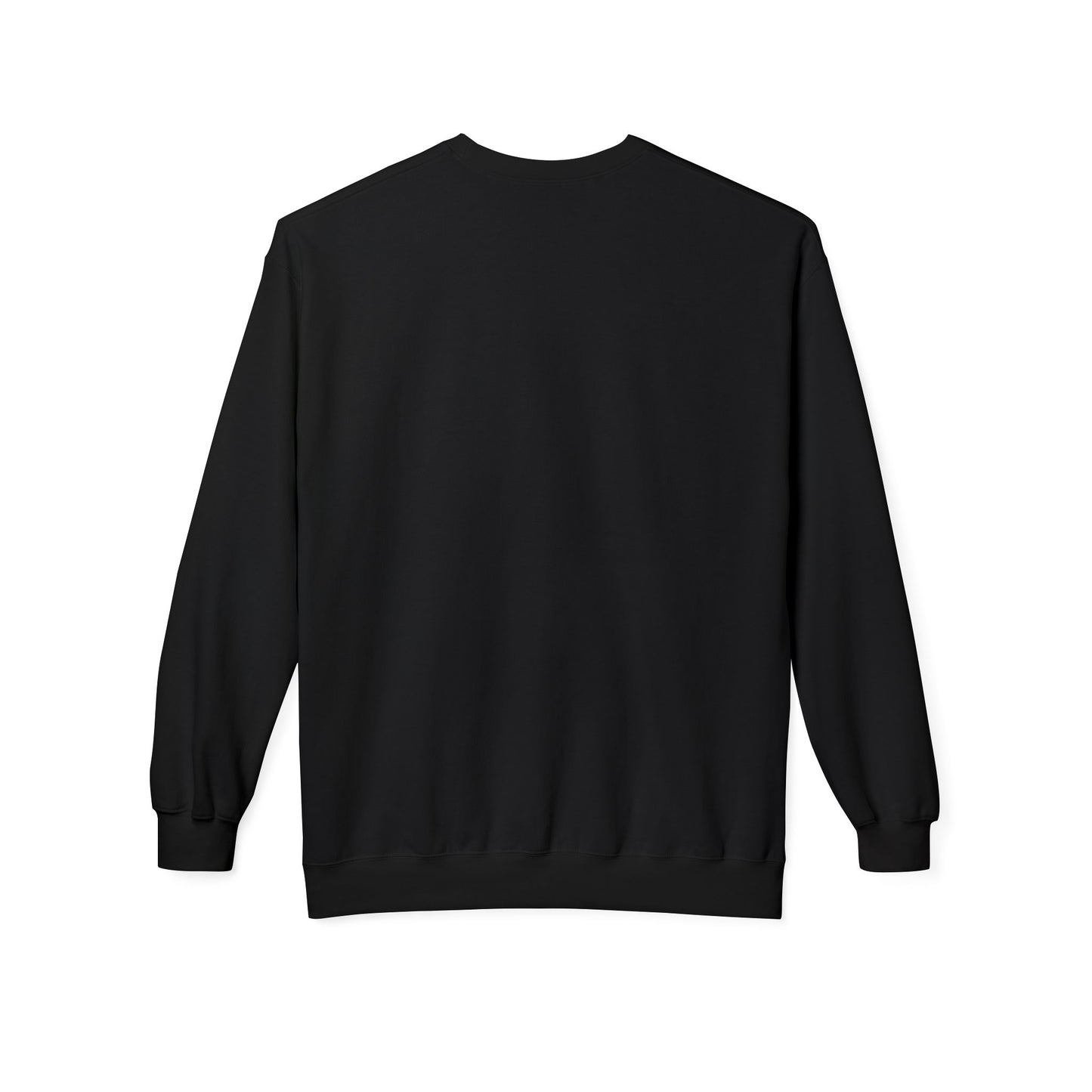 Black sweatshirt back view with plain fabric, no front graphic visible.