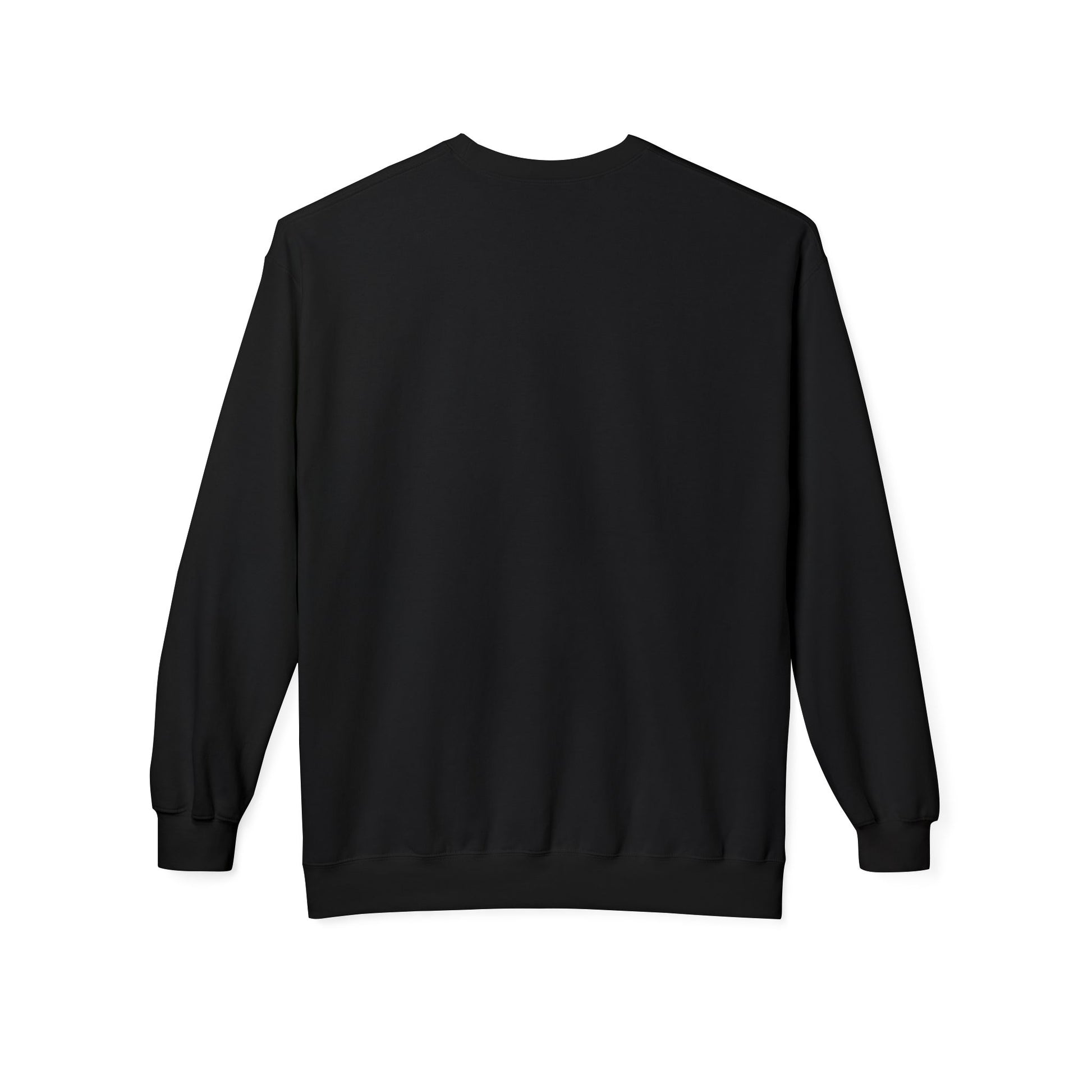 Black sweatshirt back view with plain fabric, no front graphic visible.