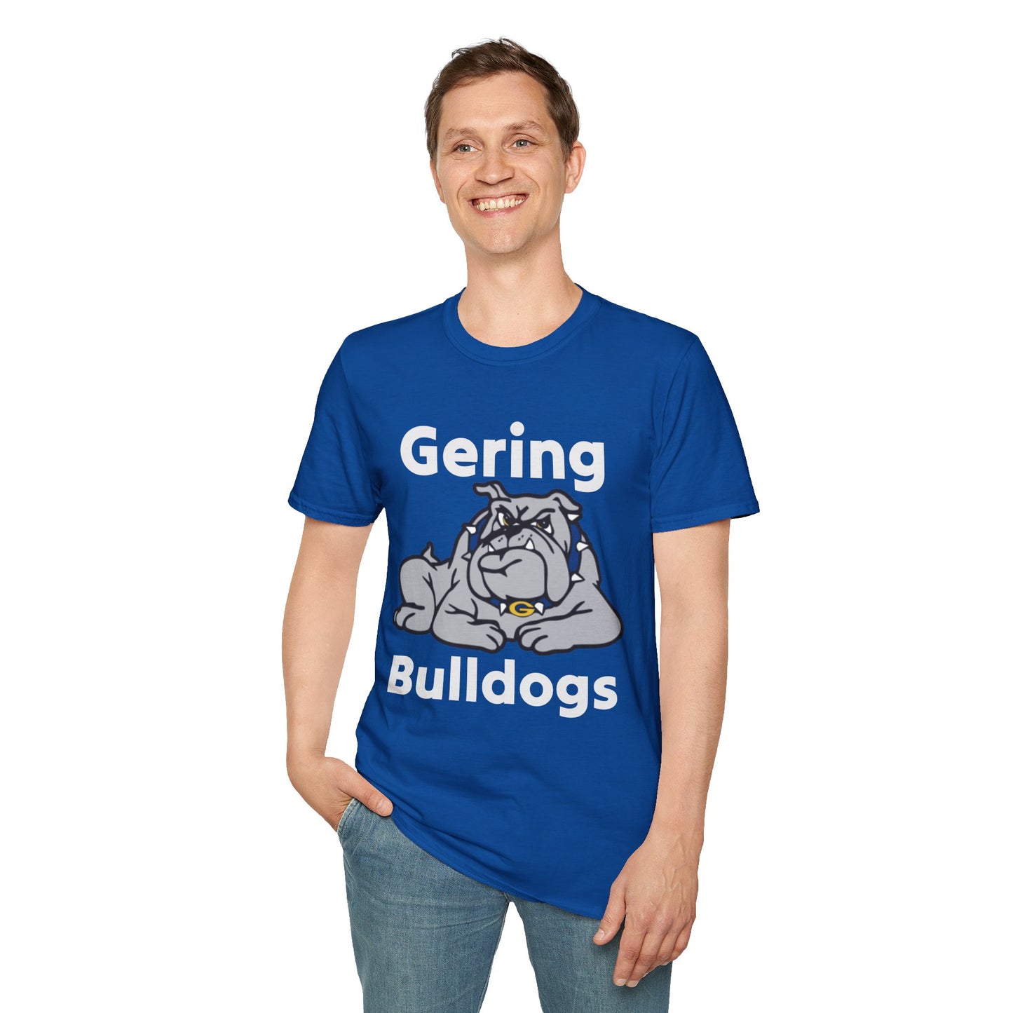 Royal blue t-shirt with Gering Bulldogs logo and bulldog mascot graphic, crew neck