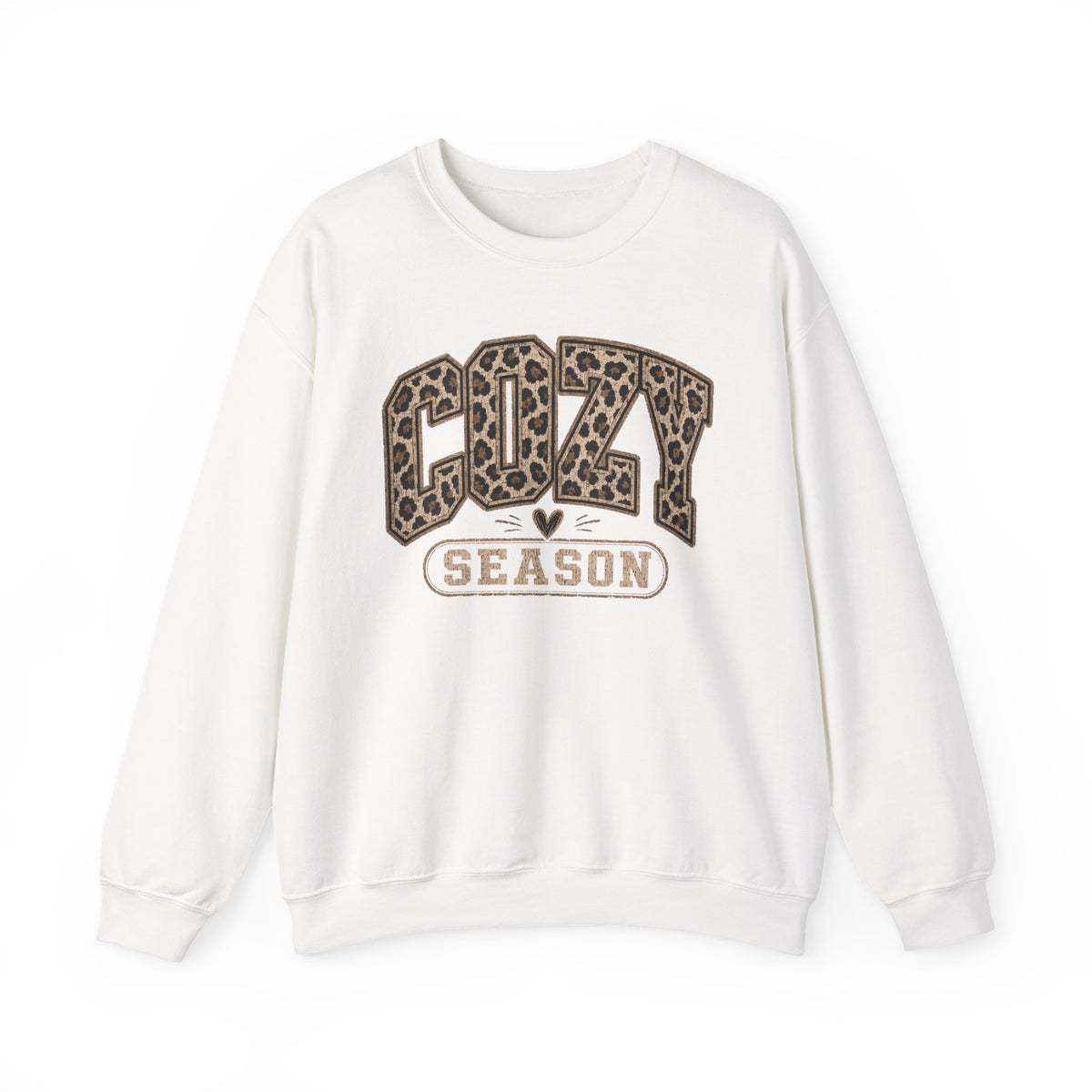 White leopard-print graphic crewneck sweatshirt with “COZY” and “SEASON” text