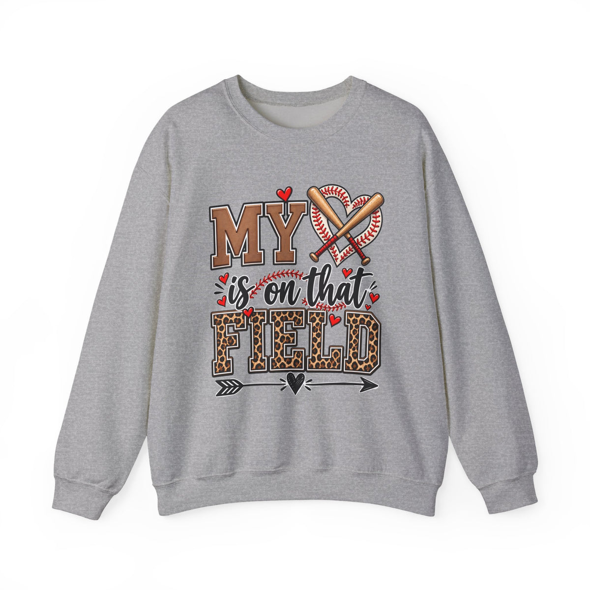 Sport grey crewneck sweatshirt with baseball heart and crossed bats front graphic