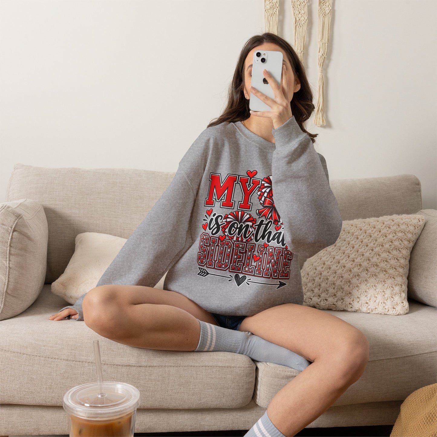 Crewneck sweatshirt, heather gray, red and black graphic on front