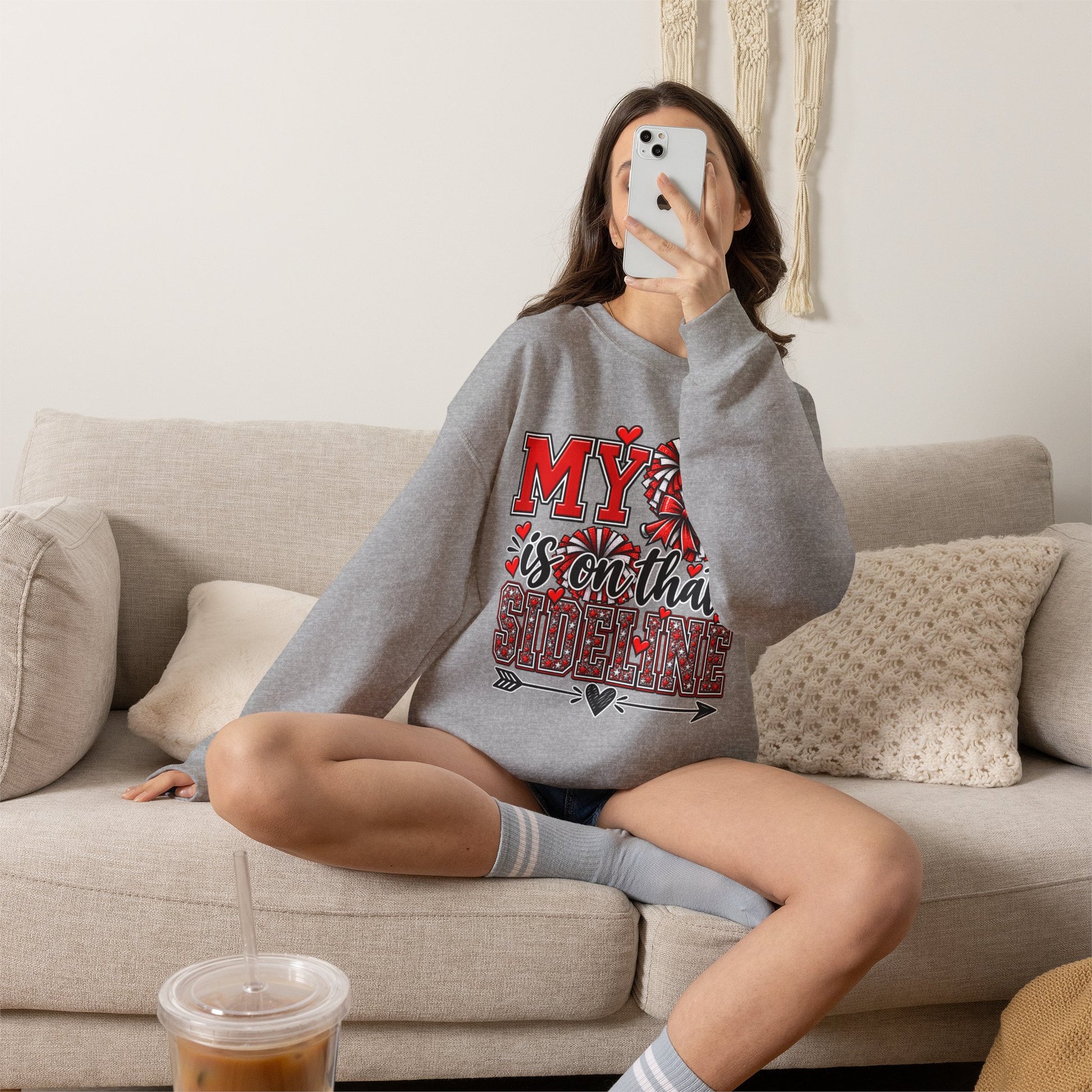 Crewneck sweatshirt, heather gray, red and black graphic on front