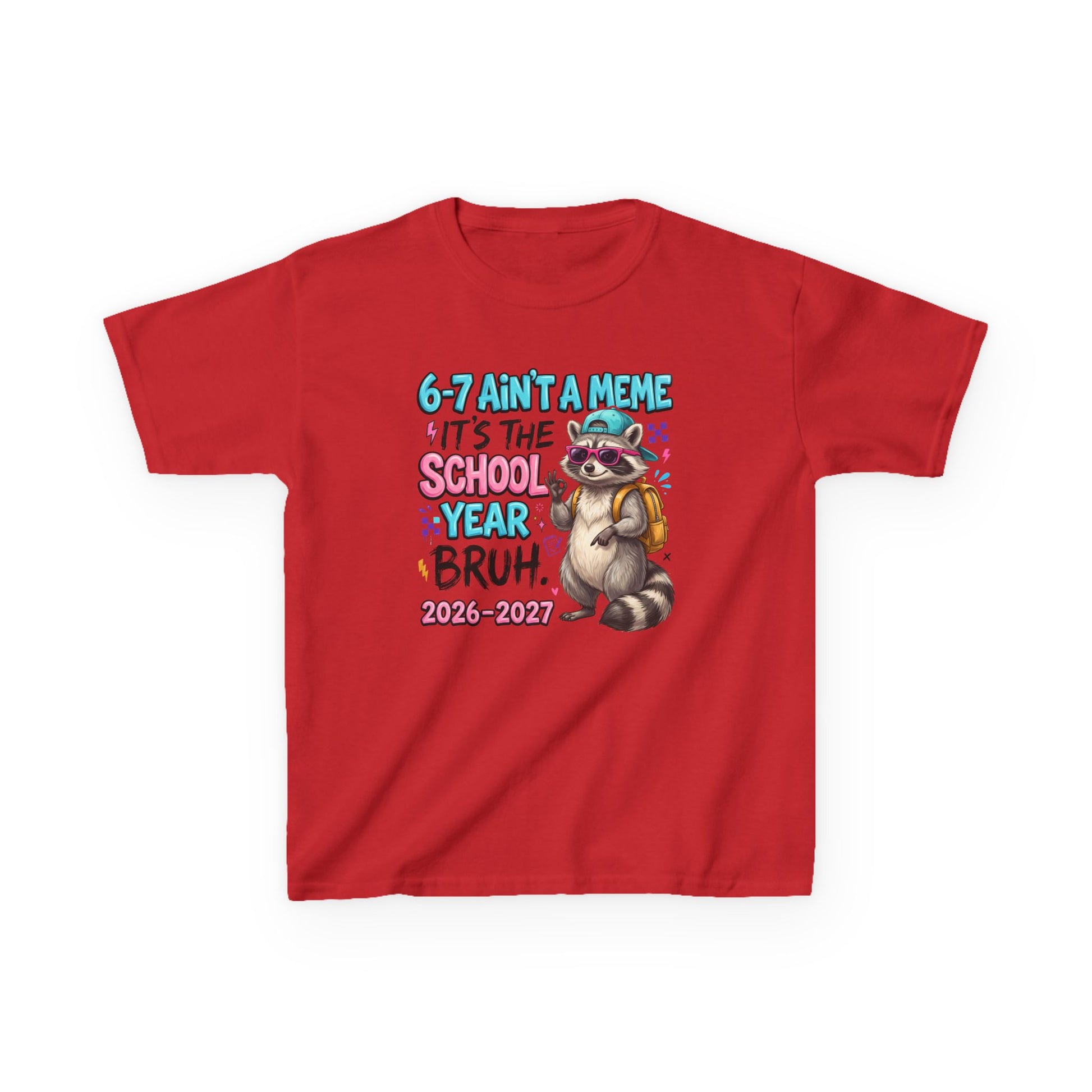 Red kids graphic T-shirt with colorful raccoon backpack meme print, short sleeves