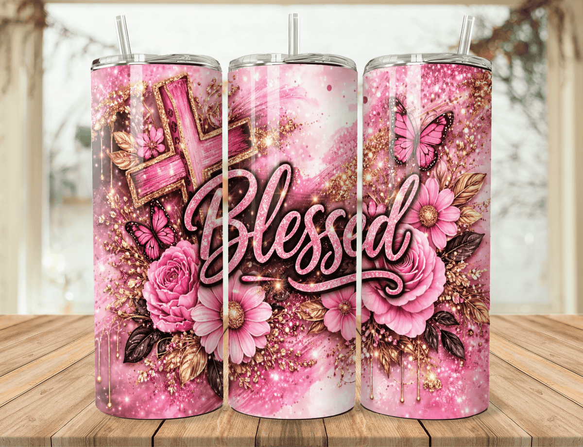 20oz stainless steel tumbler with pink glitter Blessed design, butterflies, and decorative flowers