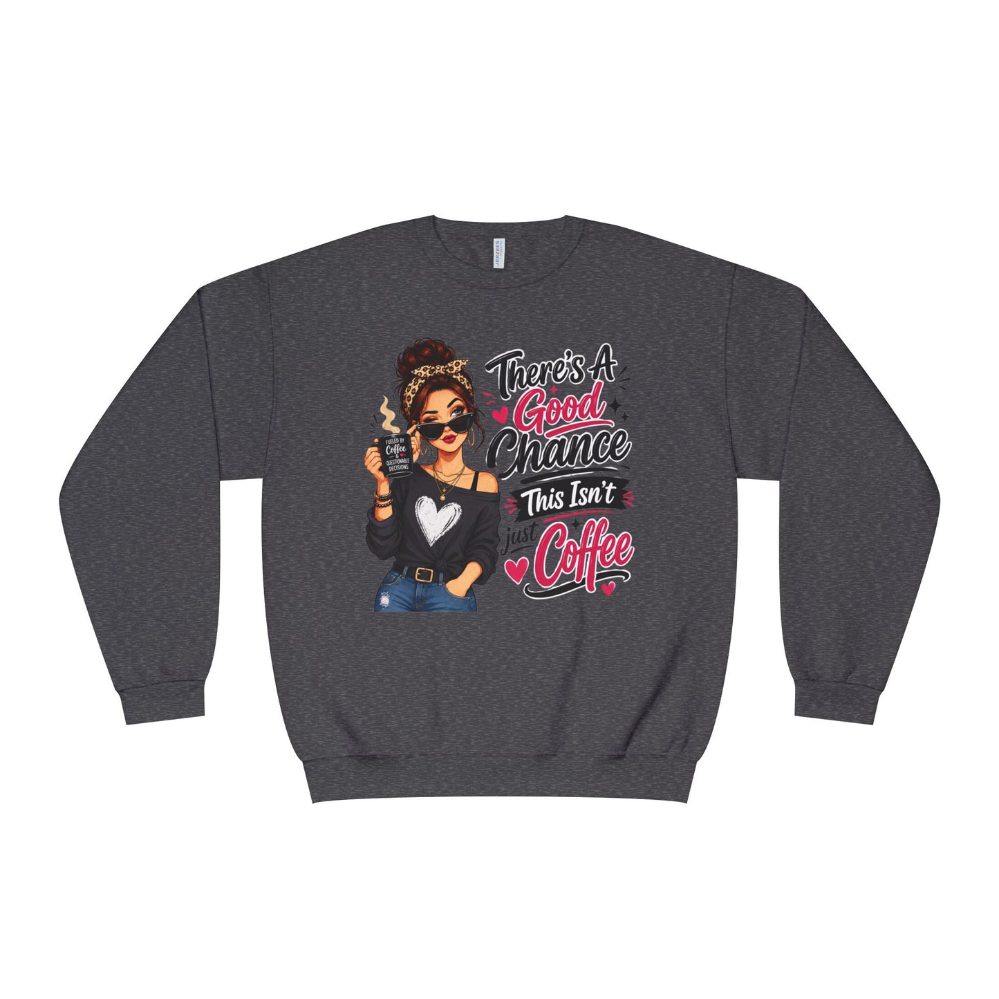 Dark gray crewneck sweatshirt with woman holding coffee graphic and slogan