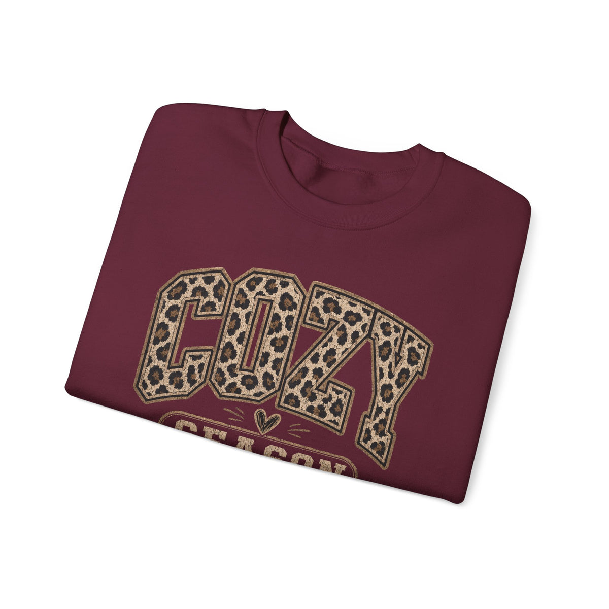 Maroon crewneck sweatshirt with leopard-print “COZY SEASON” graphic, long sleeves