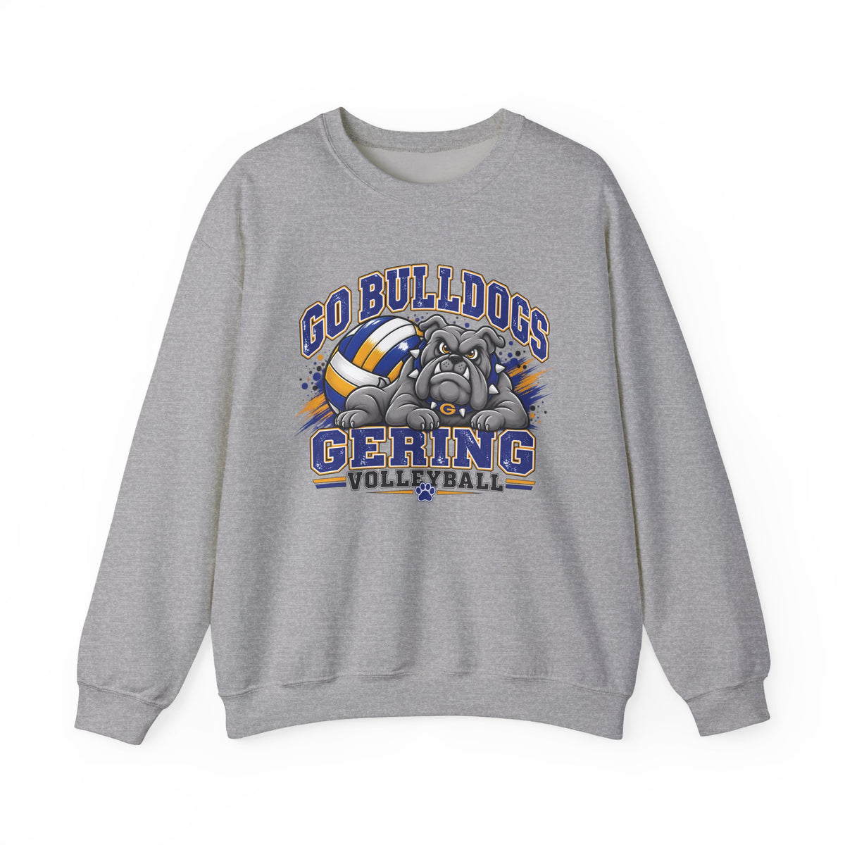 Sport grey crewneck sweatshirt with bulldog and volleyball team graphic on the front, long sleeves