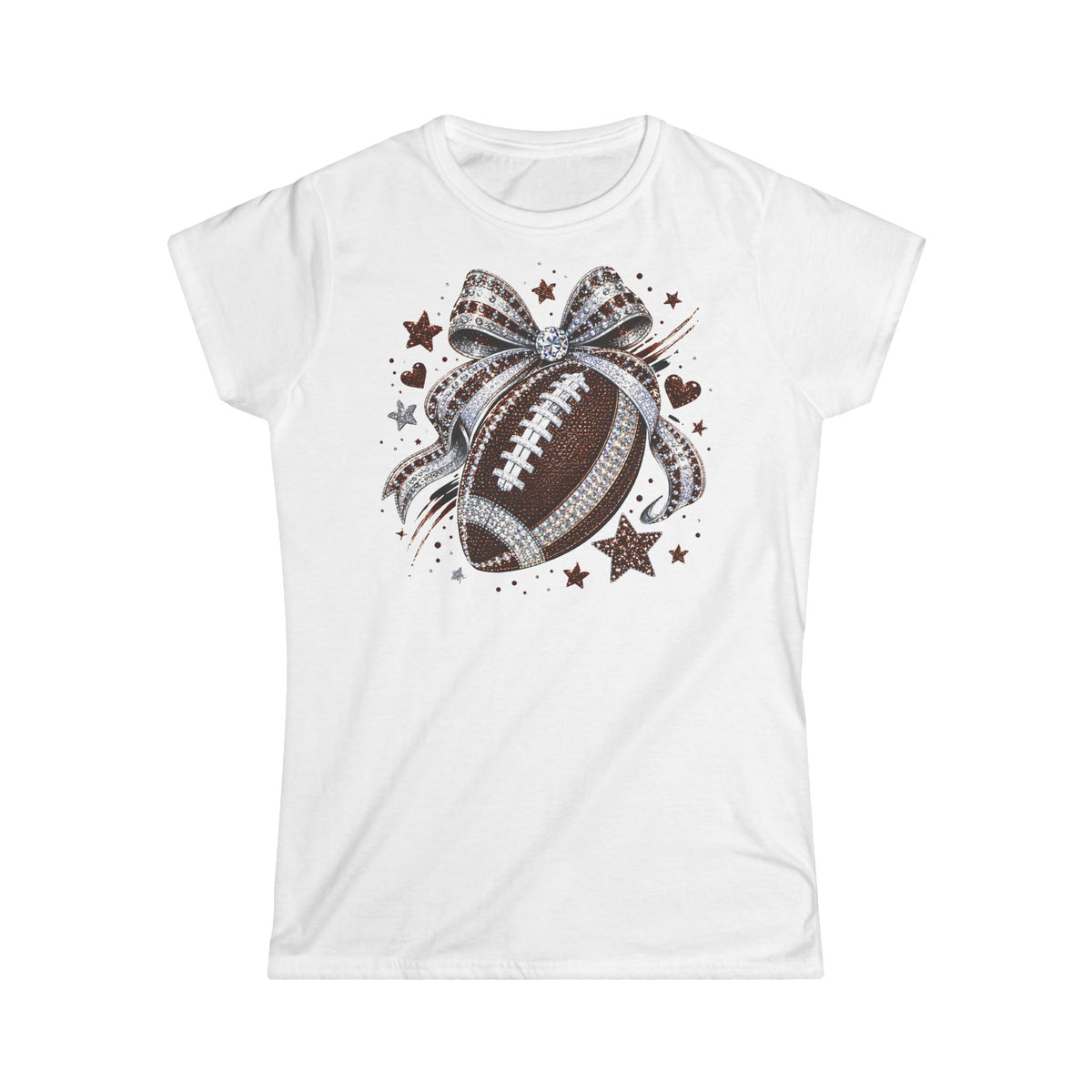 White women’s crewneck tee with football and bow graphic on front