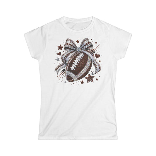 White women’s crewneck tee with football and bow graphic on front