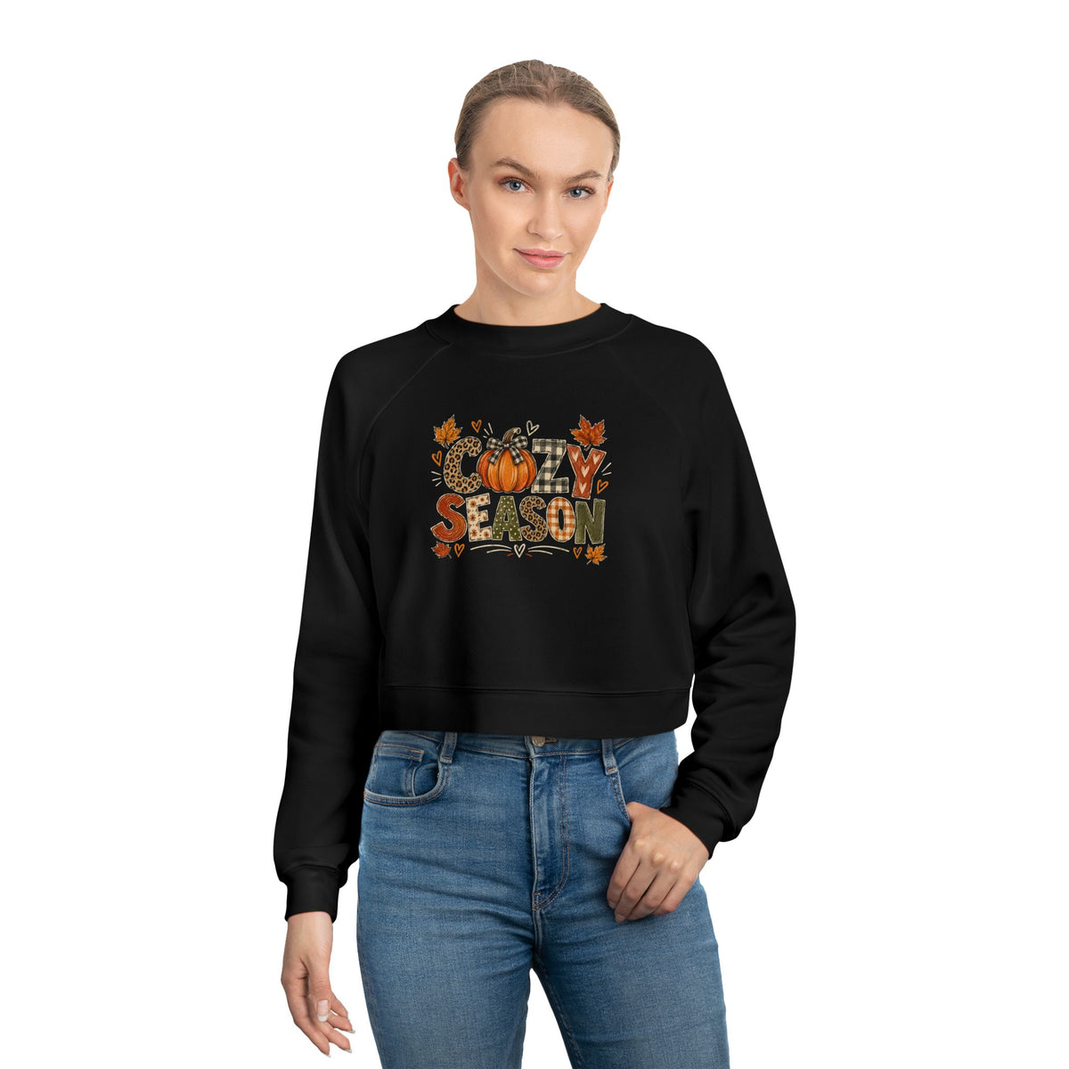 Women's cropped black sweatshirt with 'Season' pumpkin and leaf graphic