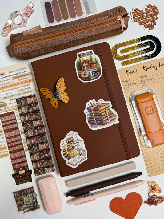 A5 brown notebook bundle with butterfly stickers and zipper pencil pouch, planner pages