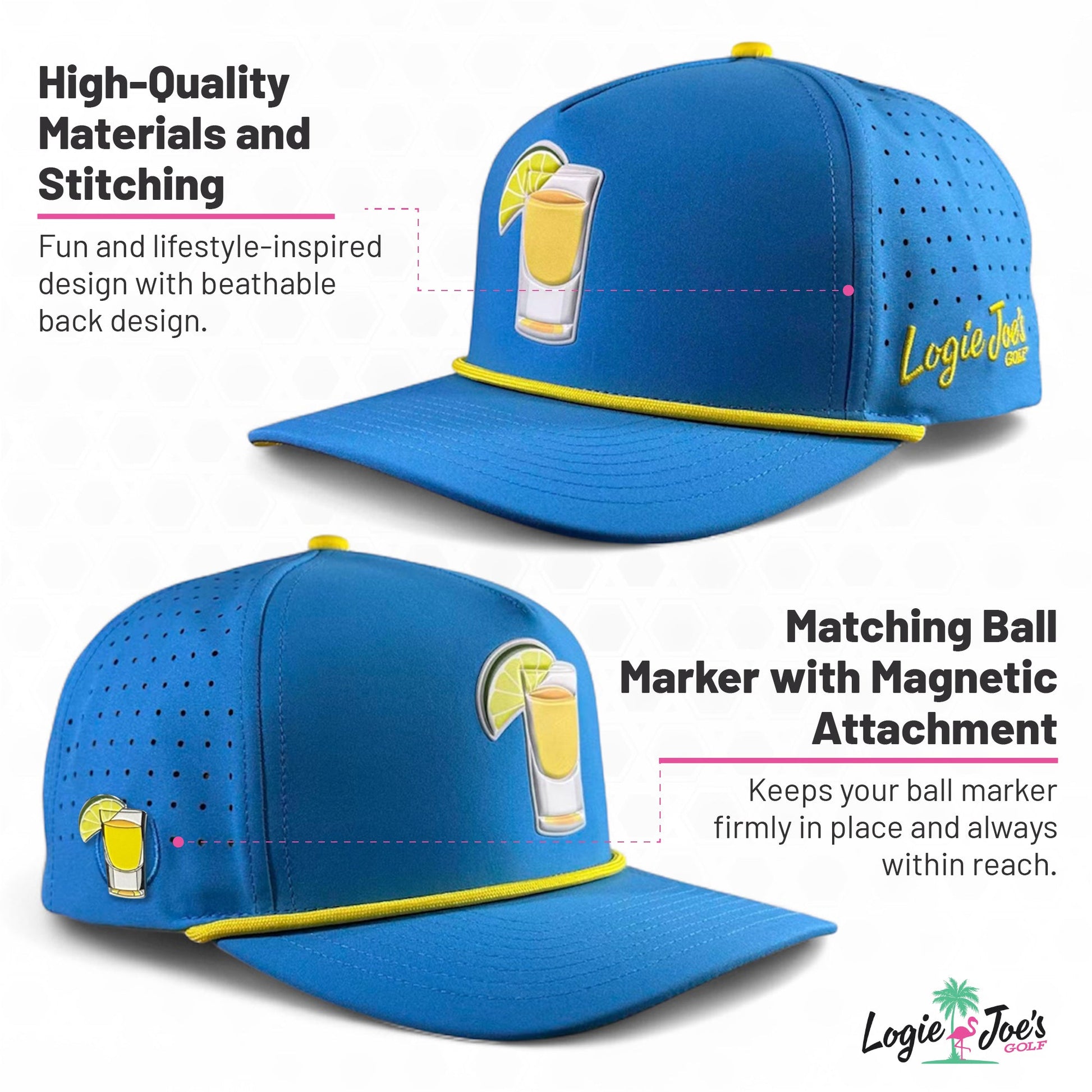 Blue golf snapback cap with perforations and matching ball marker with magnetic attachment