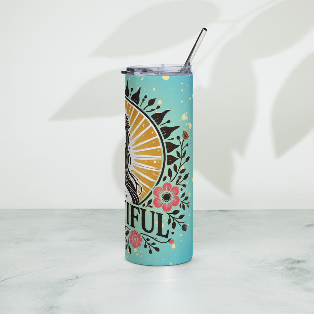 Teal statement tumbler with woman face floral art, clear lid and black straw