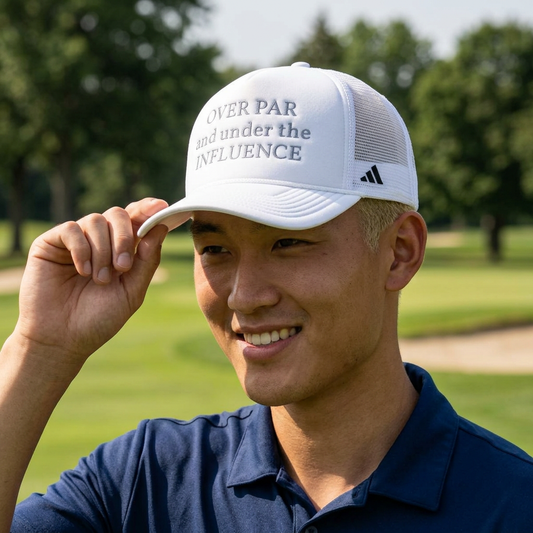 White mesh trucker cap with embroidered text “OVER PAR and under the INFLUENCE”