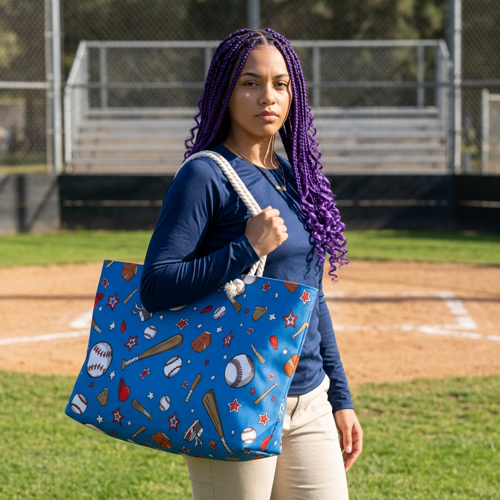 Blue baseball print weekender tote bag with rope handles