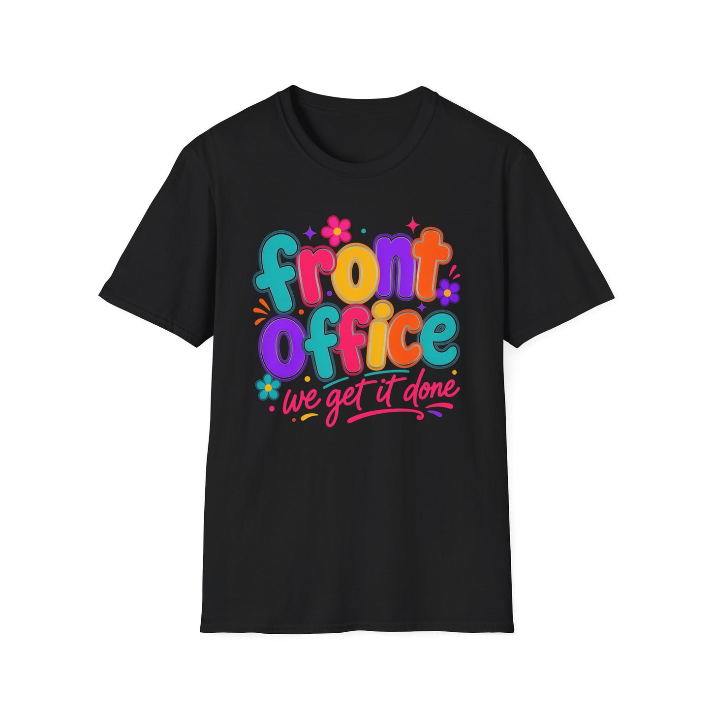 Black T-shirt with colorful 'Front Office' floral and slogan graphic