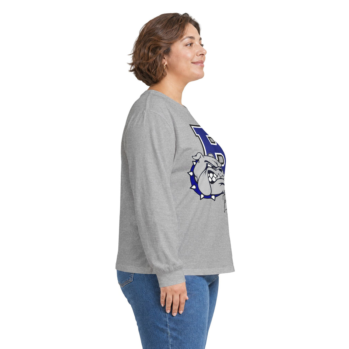 Sport grey long-sleeve T-shirt with large blue bulldog logo on the back