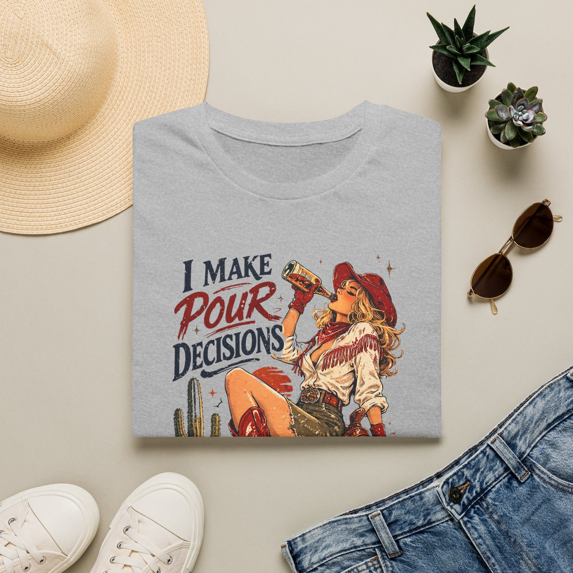 Sport gray cowgirl T-shirt laid flat with retro western “I Make Pour Decisions” print