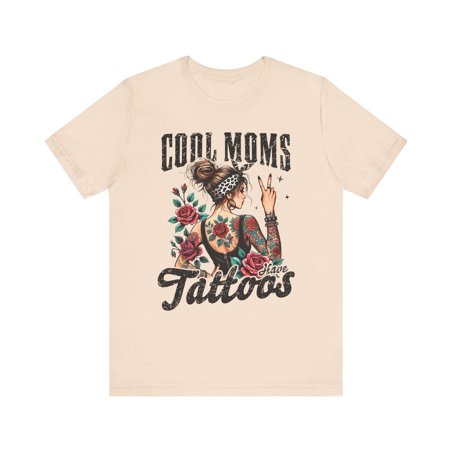 Beige unisex short sleeve jersey tee with front “Cool Moms Tattoos” graphic
