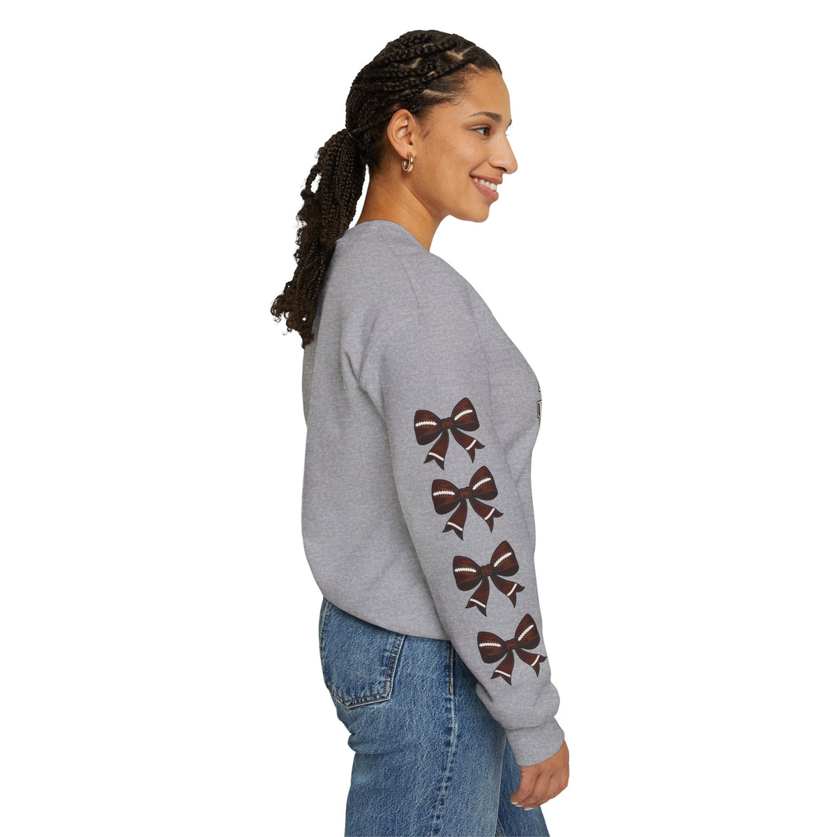 Sport grey crewneck sweatshirt, back view with football mask bow print on sleeves