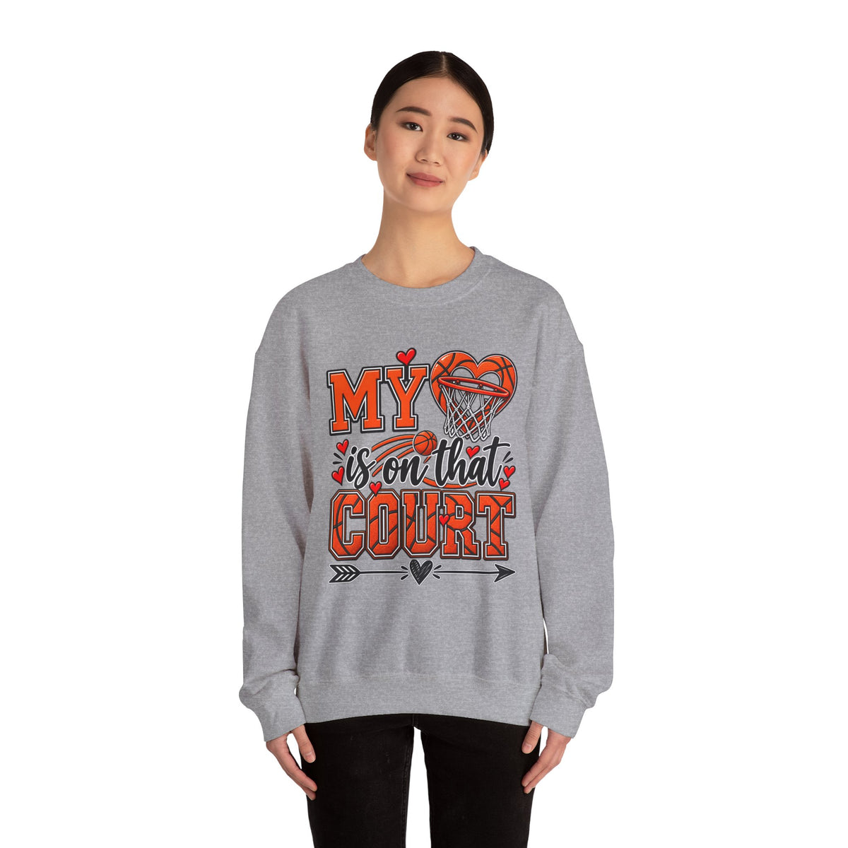 Sport grey crewneck sweatshirt with basketball hoop and heart graphic on front